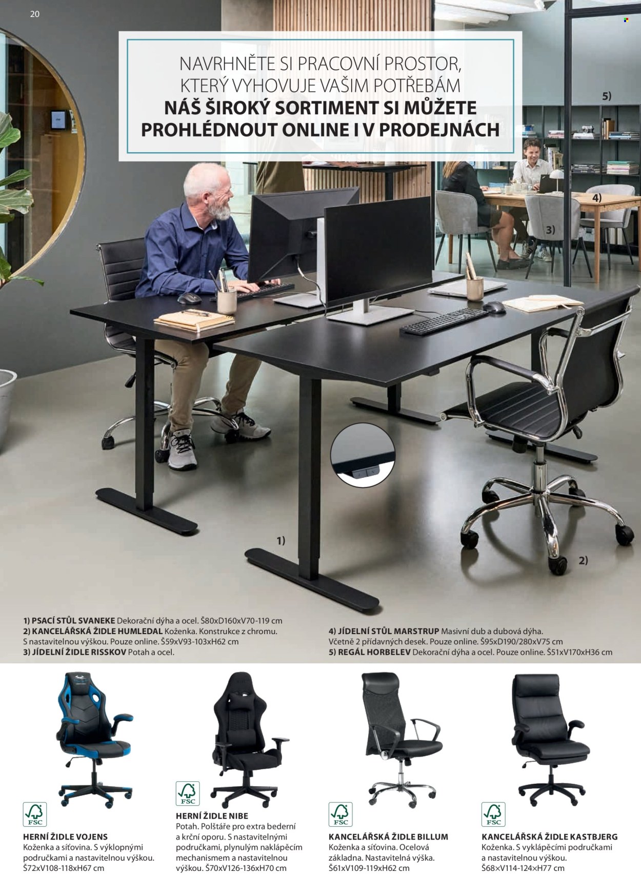 thumbnail - Leták JYSK - Produkty v akci - regál, jídelní židle, židle, jídelní stůl, stůl, psací stůl, kancelářská židle, herní židle. Strana 21.