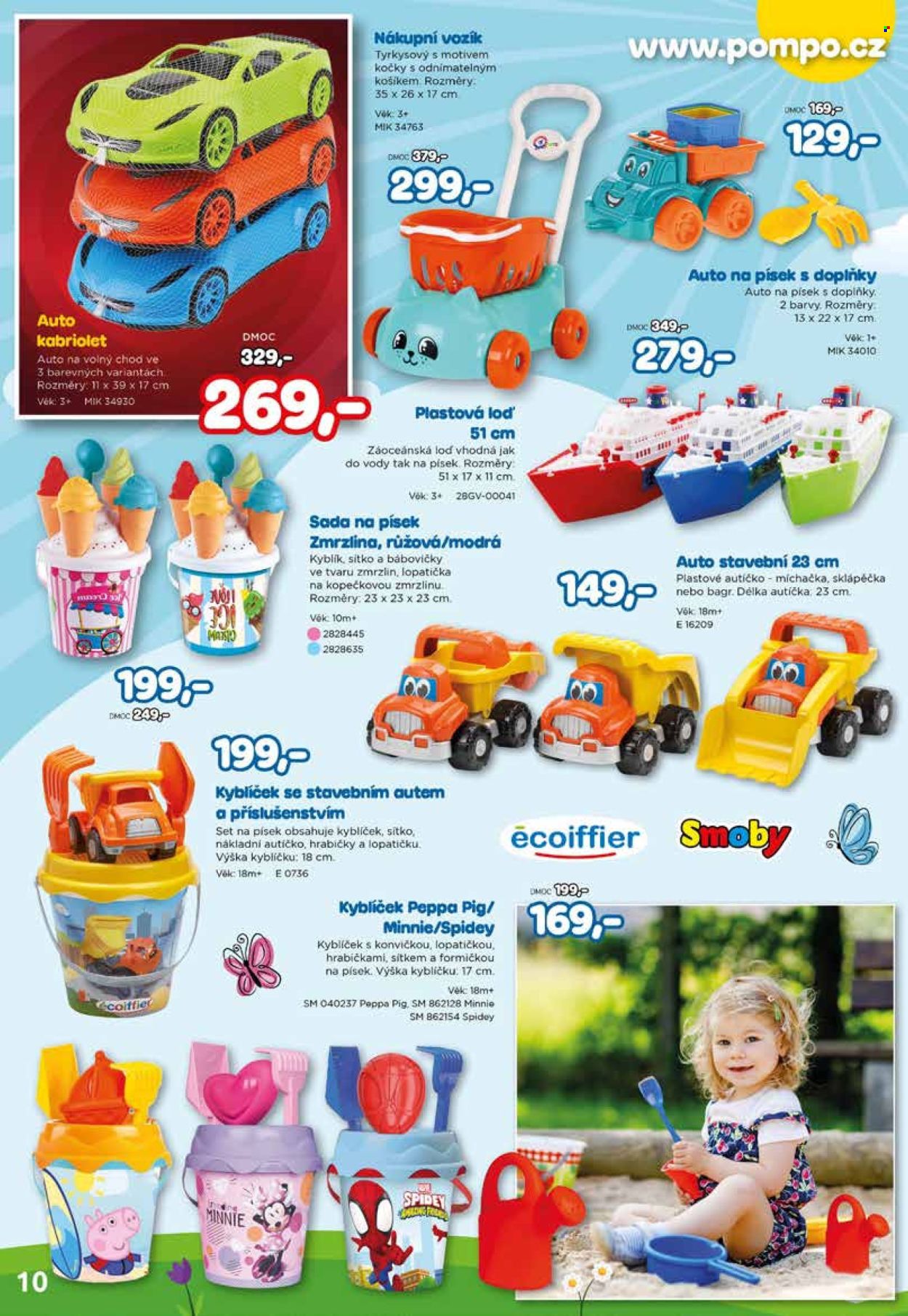 thumbnail - Leták Pompo - 14.3.2024 - 14.5.2024 - Produkty v akci - Minnie, autíčko, bagr, hračky, sklápěč, Peppa Pig, nákupní vozík, sada na písek, hračka na písek. Strana 10.