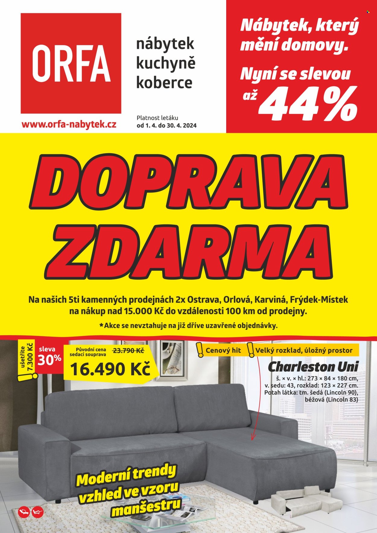 thumbnail - Leták ORFA nábytek - 1.4.2024 - 30.4.2024 - Produkty v akci - sedací souprava, potah, koberec. Strana 1.