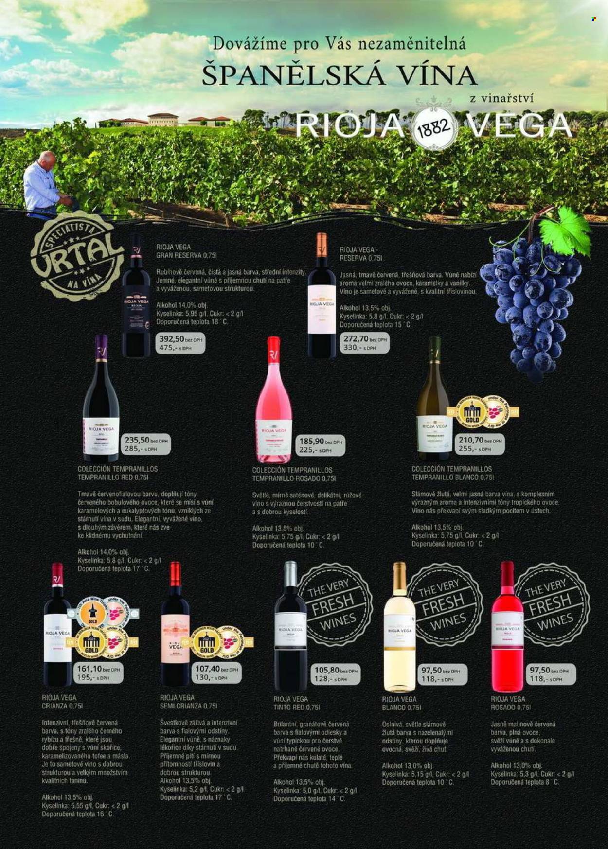 thumbnail - Leták Vrtal - Produkty v akci - třešně, karamely, alkohol, červené víno, růžové víno, víno, Tempranillo. Strana 14.