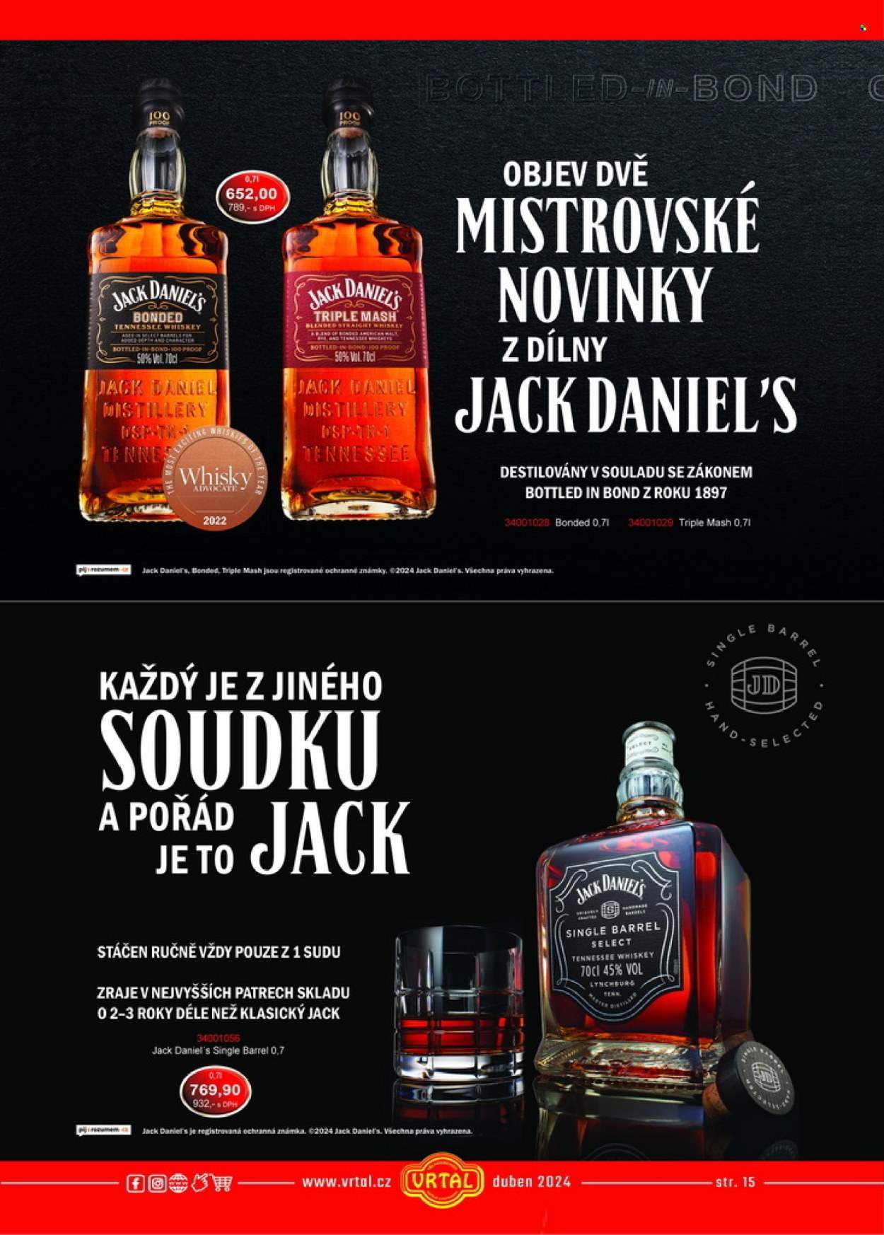 thumbnail - Leták Vrtal - 1.4.2024 - 30.4.2024 - Produkty v akci - mošt, alkohol, whisky, Jack Daniel’s. Strana 15.