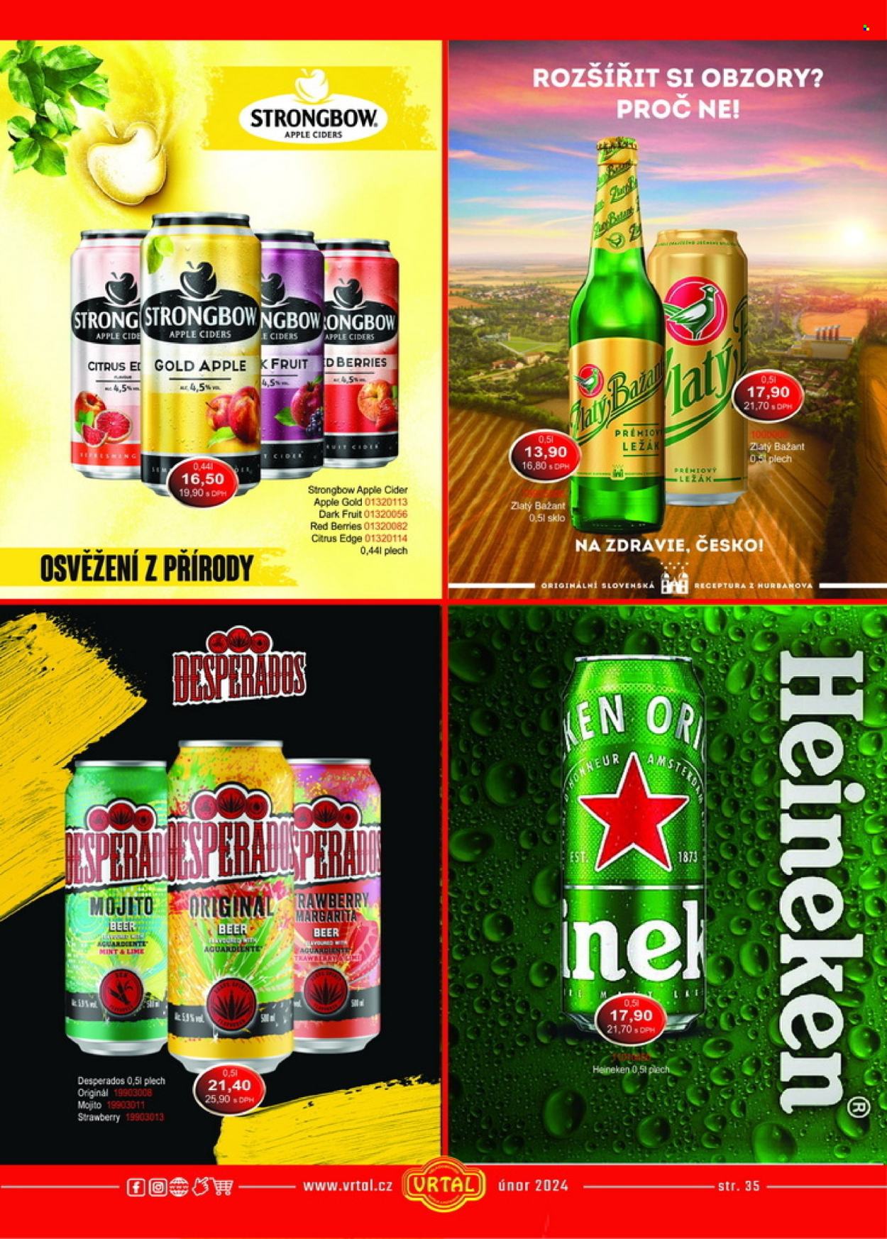 thumbnail - Leták Vrtal - 1.4.2024 - 30.4.2024 - Produkty v akci - ležák, Heineken, Zlatý Bažant, pivo, alkohol, Desperados, cider, Strongbow. Strana 35.