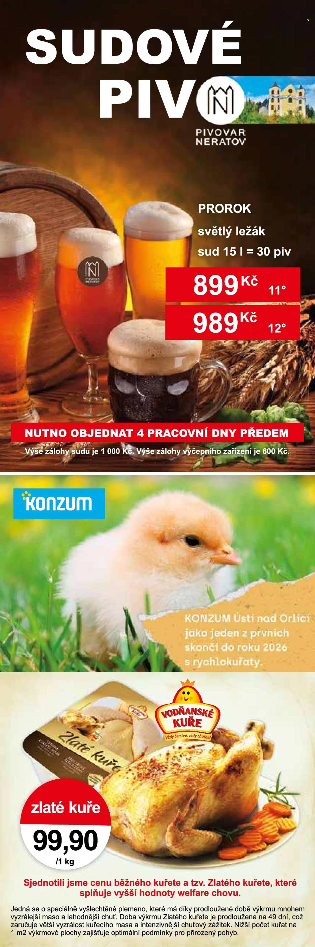 thumbnail - Leták Konzum - 17.4.2024 - 30.4.2024 - Produkty v akci - kuře, Vodňanské kuře, světlé pivo, světlý ležák, ležák, pivo, barel na vodu. Strana 4.