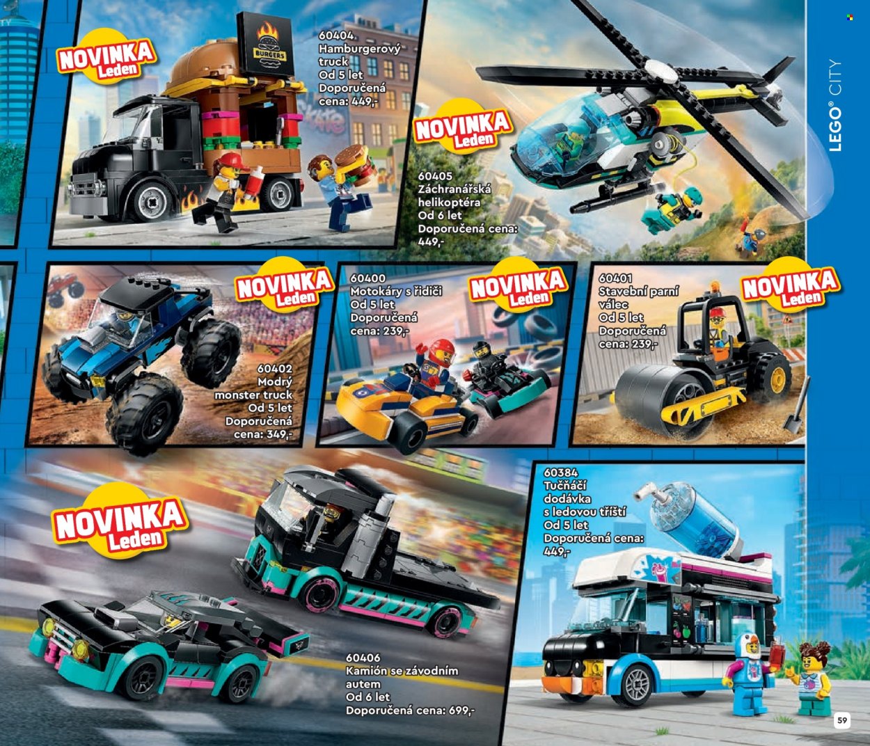 thumbnail - Leták Pompo - 1.1.2024 - 31.5.2024 - Produkty v akci - LEGO, LEGO City, stavebnice, tučňák, truck, nákladní auto, helikoptéra, záchranářská stanice. Strana 59.
