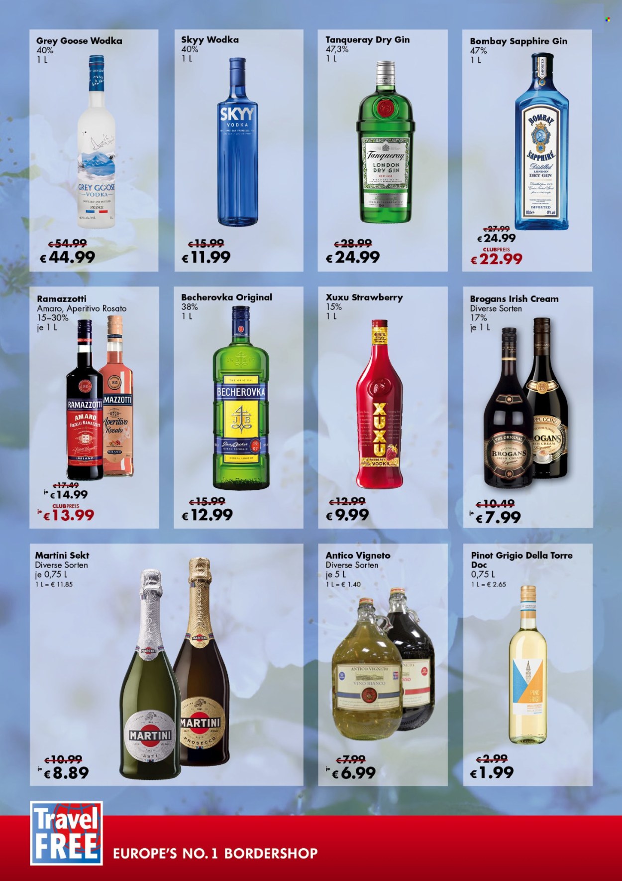 thumbnail - Leták Travel FREE - 19.4.2024 - 2.5.2024 - Produkty v akci - alkohol, bílé víno, sekt, Pinot Grigio, Prosecco, víno, perlivé víno, vodka, gin, Becherovka, Martini, likér, aperitiv, bylinný likér, Ramazzotti, Brogans Irish Cream, Brogans, Bombay Sapphire, Grey Goose, Tanqueray. Strana 3.