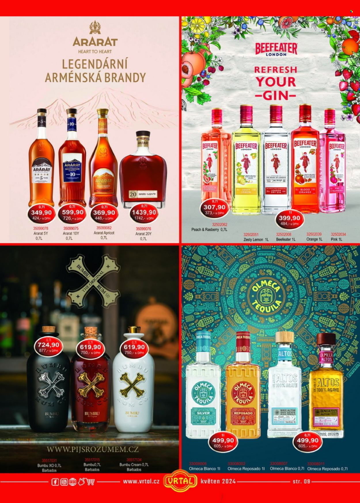 thumbnail - Leták Vrtal - 1.5.2024 - 31.5.2024 - Produkty v akci - alkohol, rum, gin, tequila, Beefeater, brandy, Bumbu, Ararat, Olmeca. Strana 9.