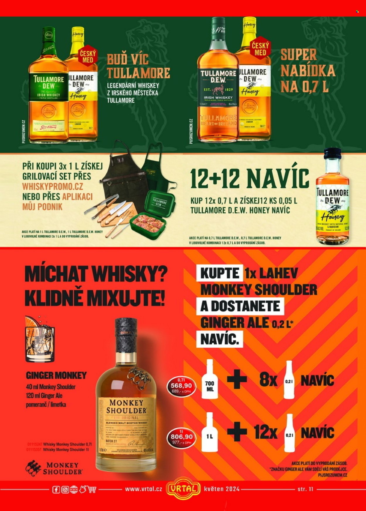 thumbnail - Leták Vrtal - 1.5.2024 - 31.5.2024 - Produkty v akci - pomeranče, limetka, med, Ginger Ale, alkohol, whisky, Tullamore Dew, Monkey shoulder. Strana 11.
