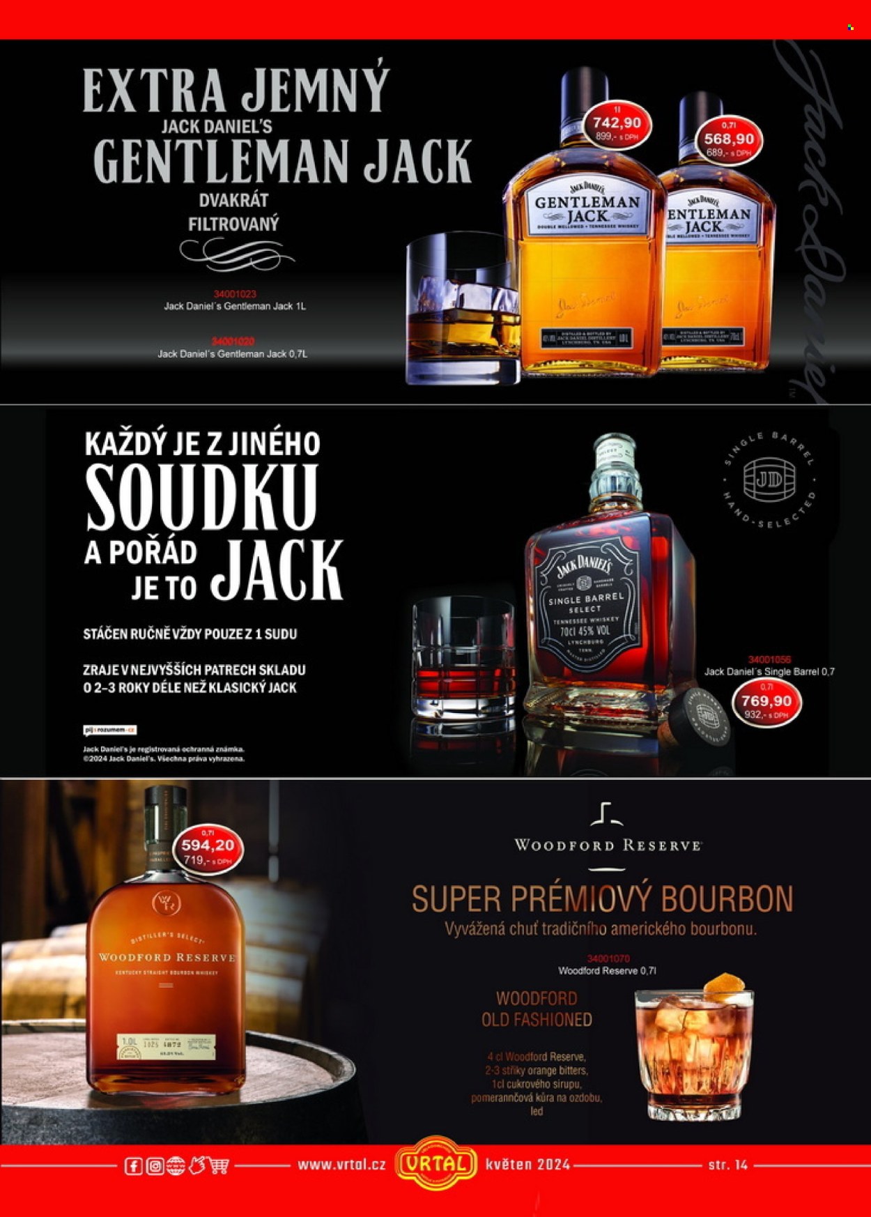 thumbnail - Leták Vrtal - 1.5.2024 - 31.5.2024 - Produkty v akci - pomerančová kůra, alkohol, whisky, Bourbon, Jack Daniel’s, Woodford Reserve, Gentleman Jack. Strana 14.
