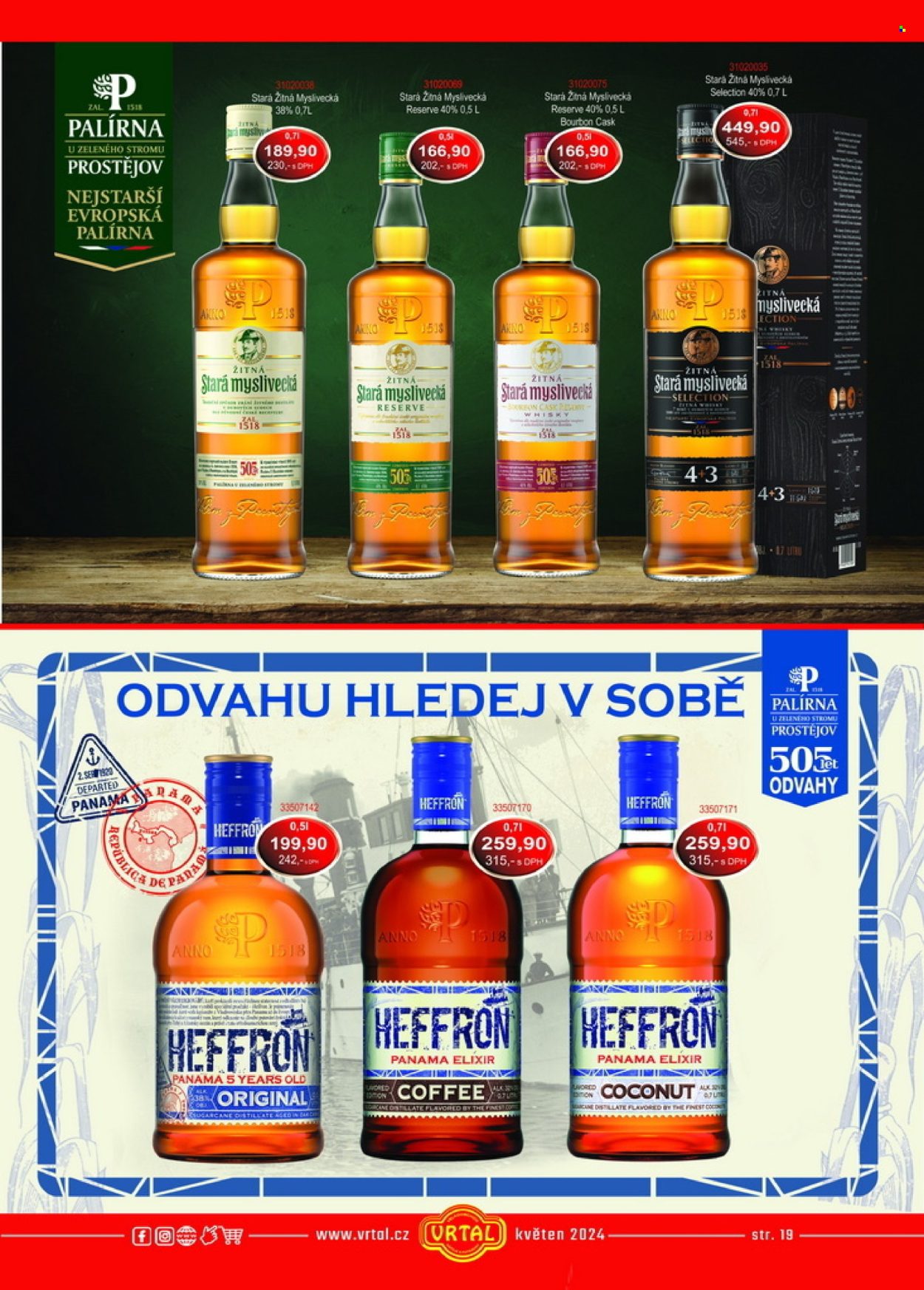 thumbnail - Leták Vrtal - 1.5.2024 - 31.5.2024 - Produkty v akci - alkohol, Stará Myslivecká, rum, Elixir, gin, Bourbon, Božkov Republica, Heffron. Strana 19.