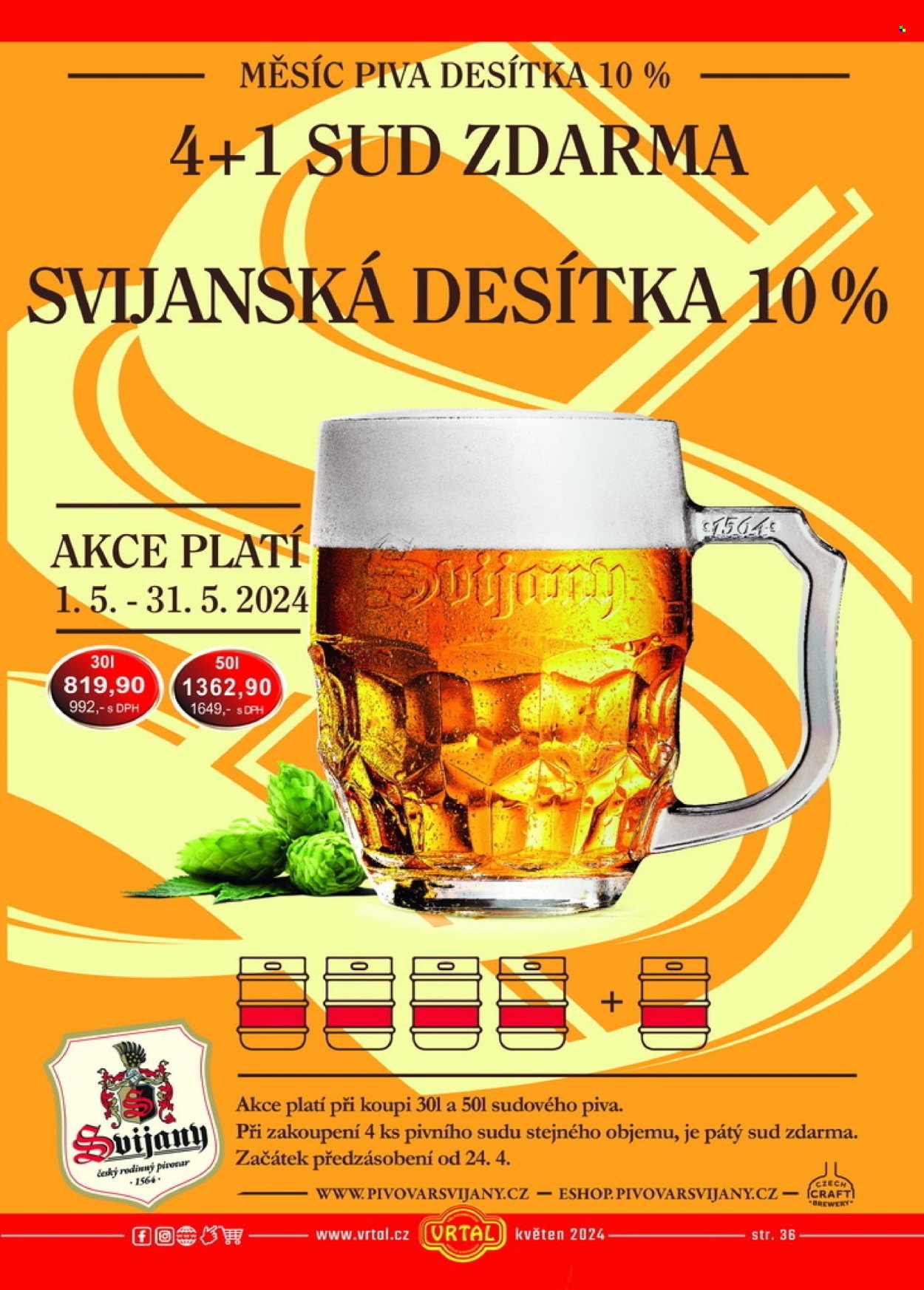 thumbnail - Leták Vrtal - 1.5.2024 - 31.5.2024 - Produkty v akci - Svijanská desítka, pivo, alkohol, Svijany, barel na vodu. Strana 36.