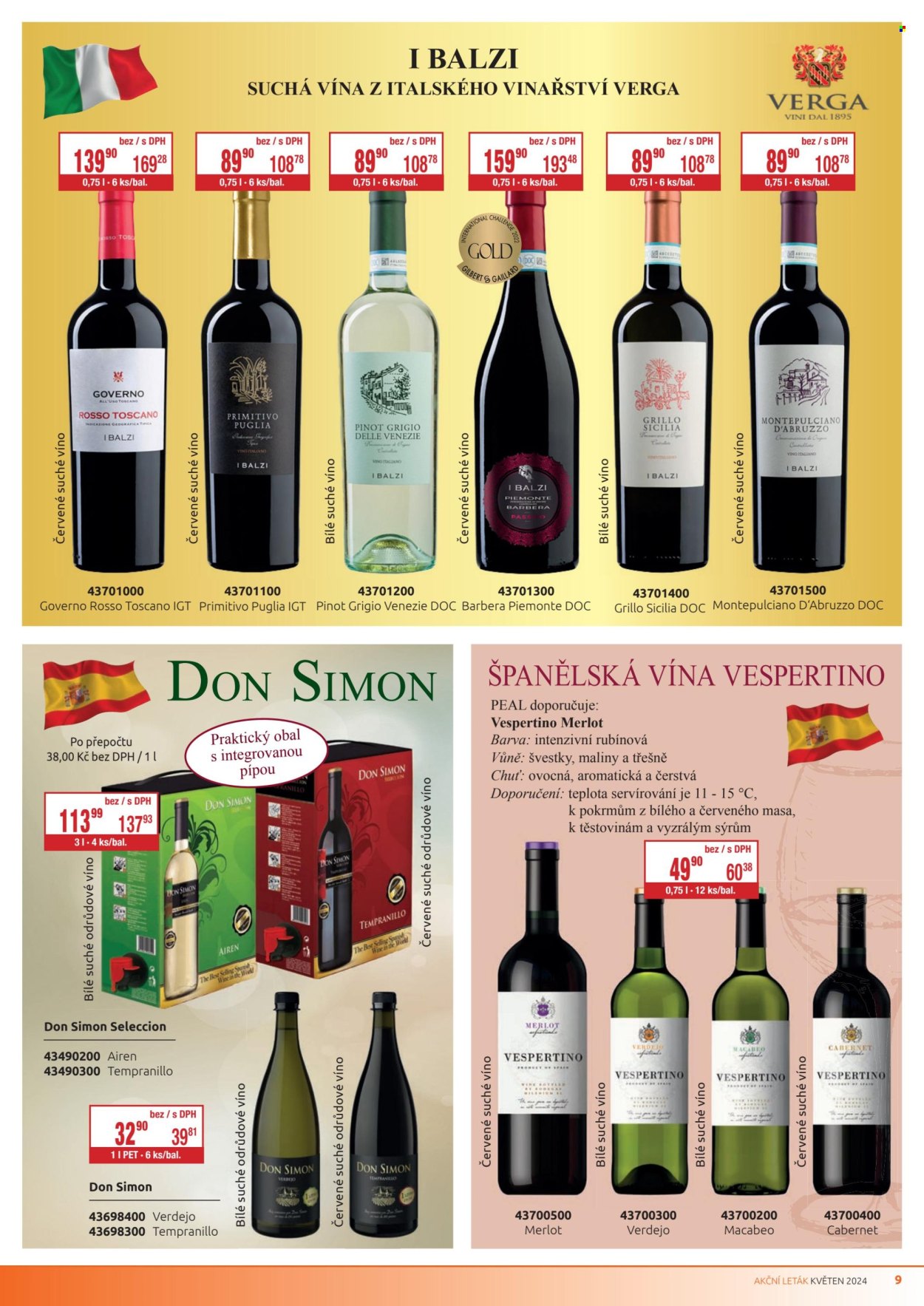 thumbnail - Leták PEAL - 1.5.2024 - 31.5.2024 - Produkty v akci - alkohol, bílé víno, červené víno, Pinot Grigio, Merlot, víno, Tempranillo, Montepulciano d´Abruzzo, Primitivo, Don Simon. Strana 9.