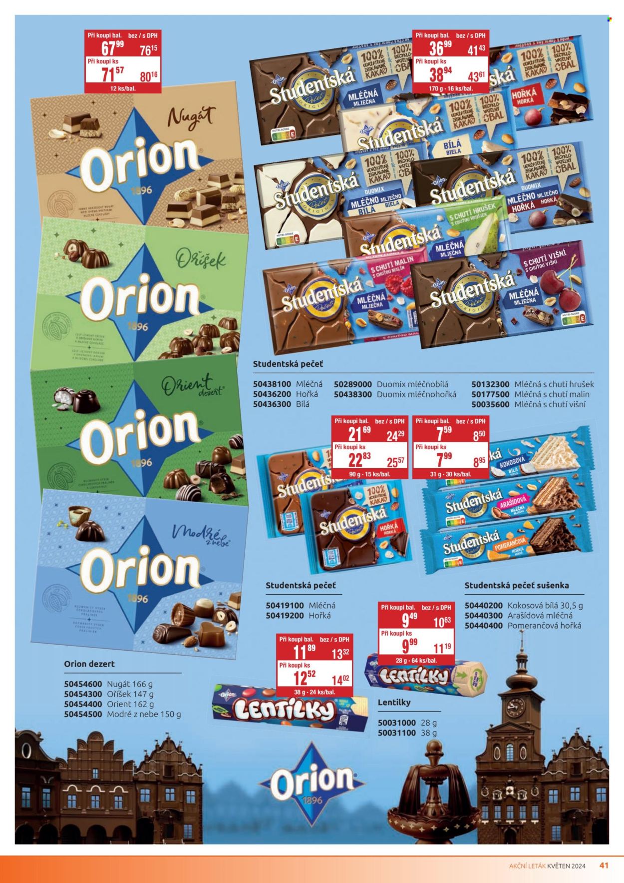thumbnail - Leták PEAL - 1.5.2024 - 31.5.2024 - Produkty v akci - Orion, čokoláda, Studentská Pečeť, sušenky, pralinky, Lentilky, bonboniéra, nugát, Modré z nebe, čokoládové bonbóny. Strana 41.