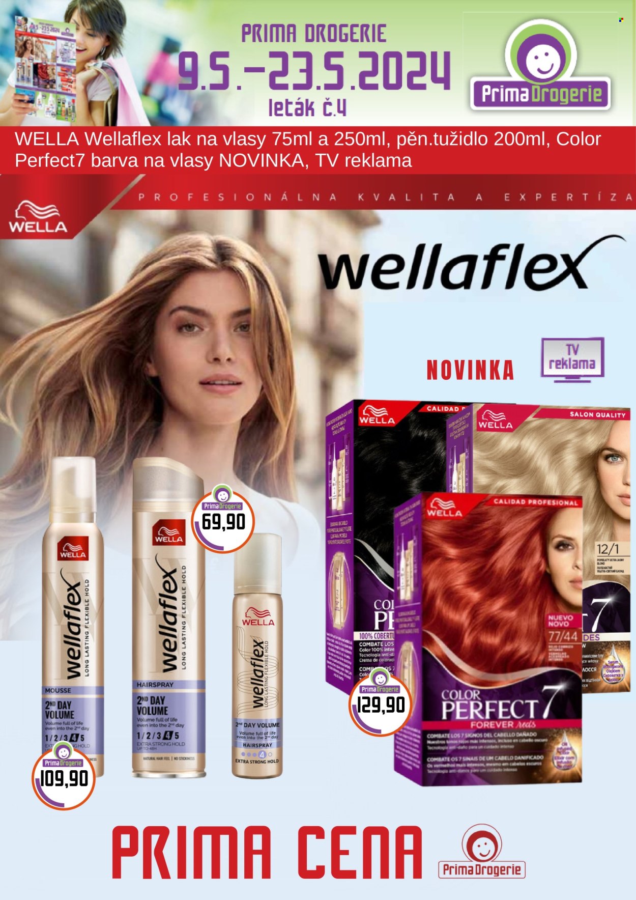 thumbnail - Leták Prima Drogerie - 9.5.2024 - 23.5.2024 - Produkty v akci - barva na vlasy, Wella, Wellaflex, lak na vlasy. Strana 1.