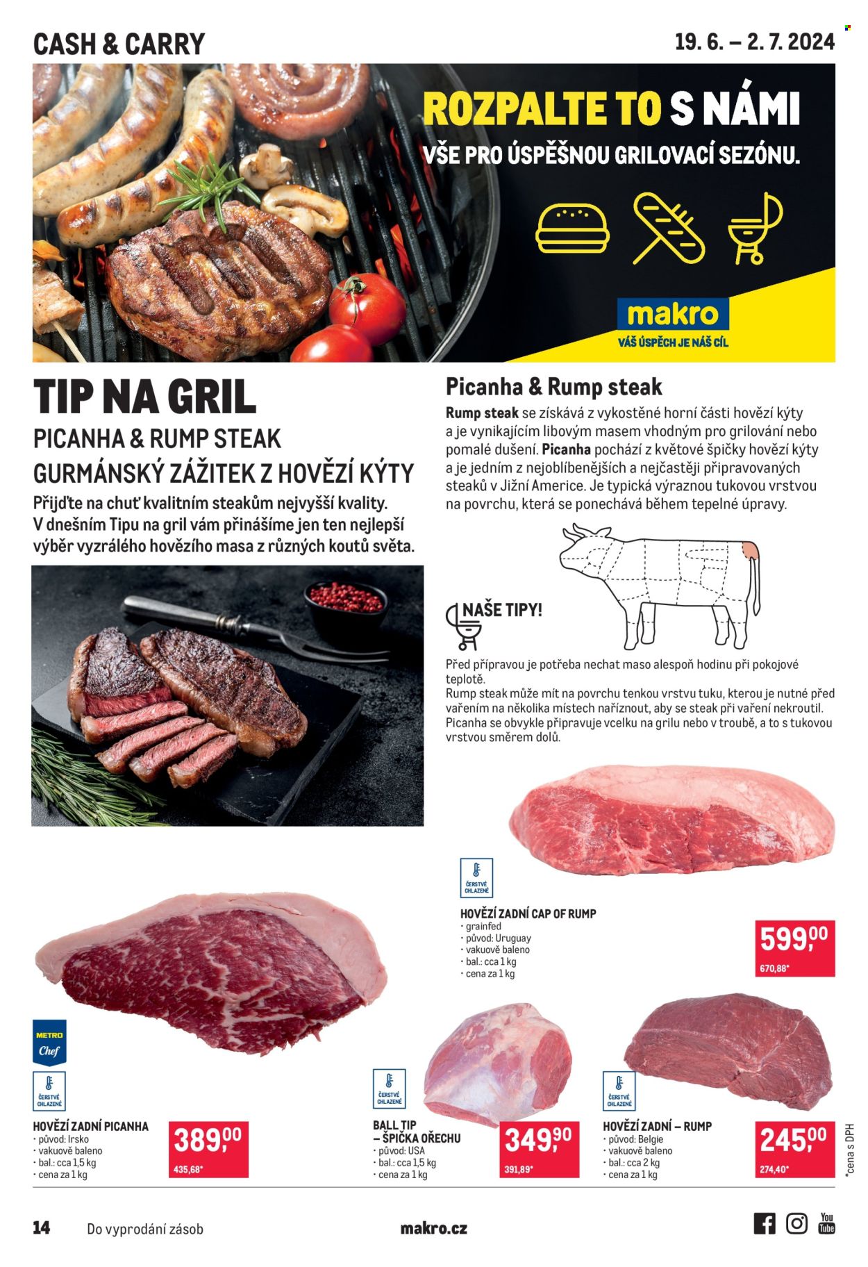 thumbnail - Leták MAKRO - 19.6.2024 - 2.7.2024 - Produkty v akci - steak, hovězí zadní, hovězí maso, rumpsteak. Strana 1.