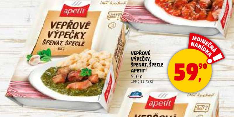 Vepřové výpečky, špenát, špecle Apetit