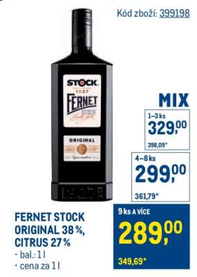 Fernet Stock Original 38 %, Citrus 27 %