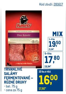 TRVANLIVÉ SALÁMY FERMENTOVANÉ – RŮZNÉ DRUHY