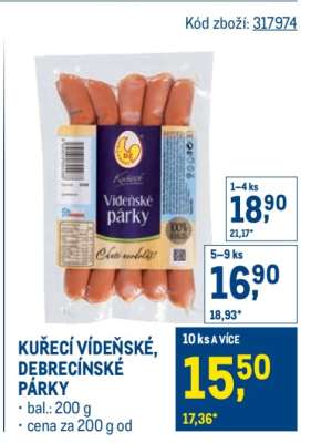 KUŘECÍ VÍDEŇSKÉ, DEBRECÍNSKÉ PÁRKY