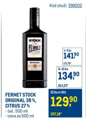 Fernet Stock Original 38 %, Citrus 27 %