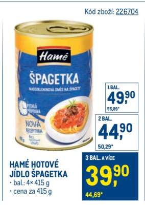 HAMÉ HOTOVÉ JÍDLO ŠPAGETKA
