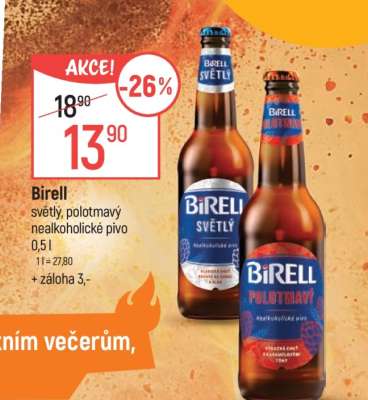 Birell světlý, polotmavý nealkoholické pivo 0,5 l