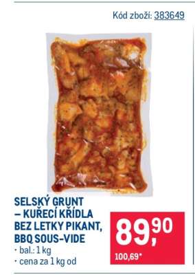 SELSKÝ GRUNT – KUŘECÍ KŘÍDLA BEZ LETKY PIKANT, BBQ SOUS–VIDE
