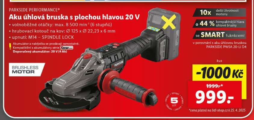 Aku úhlová bruska s plochou hlavou 20 V