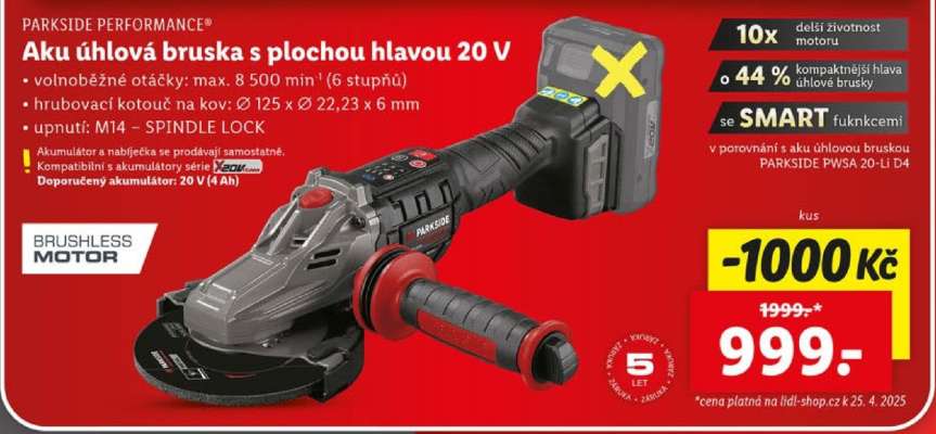 PARKSIDE PERFORMANCE Aku úhlová bruska s plochou hlavou 20 V