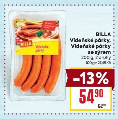 BILLA Vídeňské párky, Vídeňské párky se sýrem