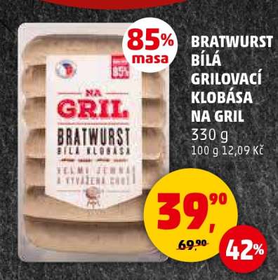 BRATWURST BÍLÁ GRILOVACÍ KLOBÁSA NA GRIL