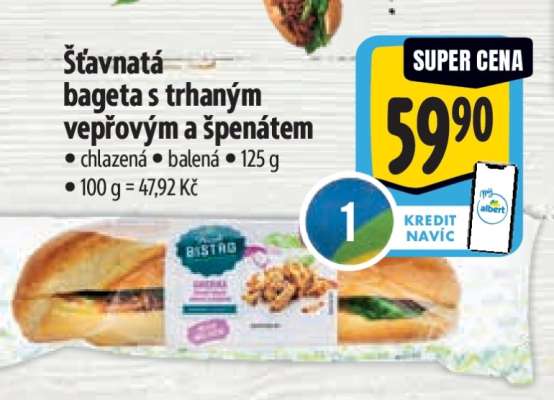 Šťavnatá bageta s trhaným vepřovým a špenátem