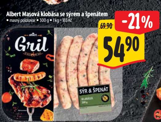 Albert Masová klobása se sýrem a špenátem