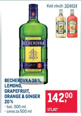 BECHEROVKA 38%, LEMOND, GRAPEFRUIT, ORANGE & GINGER 20%
