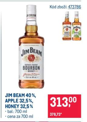 JIM BEAM 40 %, APPLE 32,5 %, HONEY 32,5 %