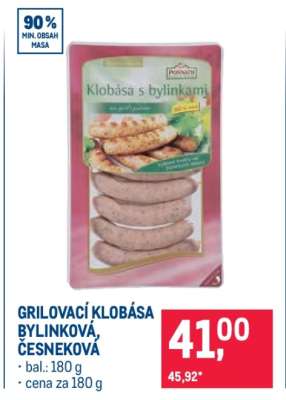 GRILOVACÍ KLOBÁSA BYLINKOVÁ, ČESNEKOVÁ