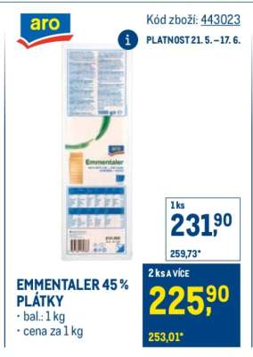 EMMENTALER 45 % PLÁTKY