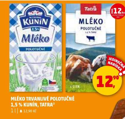 MLÉKO TRVANLIVÉ POLOTUČNÉ 1,5% KUNÍN, TATRA