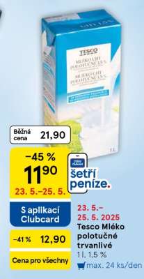 Tesco Mléko polotučné trvanlivé 1L, 1,5%