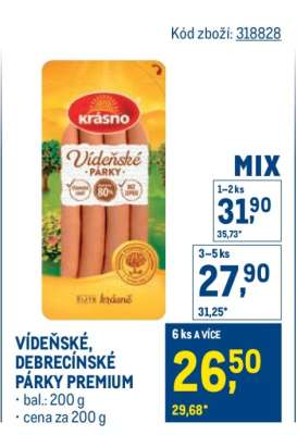 Vídeňské, Debrecínské párky Premium