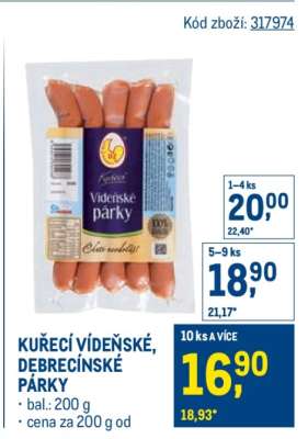 KUŘECÍ VÍDEŇSKÉ, DEBRECÍNSKÉ PÁRKY