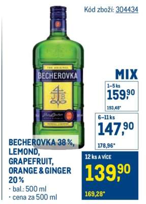 BECHEROVKA 38%, LEMOND, GRAPEFRUIT, ORANGE & GINGER 20%