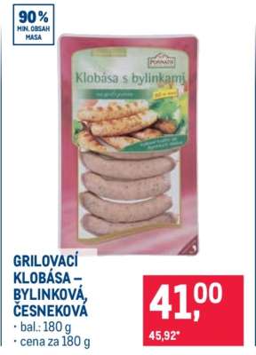 GRILOVACÍ KLOBÁSA BYLINKOVÁ, ČESNEKOVÁ