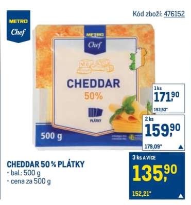 CHEDDAR 50 % PLÁTKY