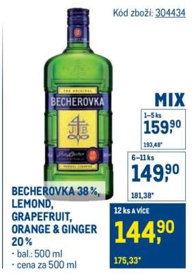BECHEROVKA 38%, LEMOND, GRAPEFRUIT, ORANGE & GINGER 20%