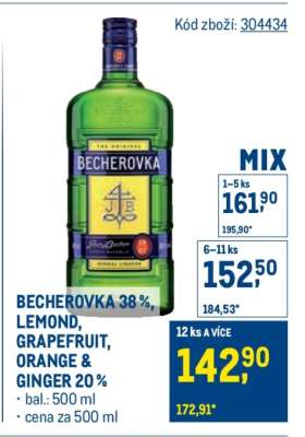 BECHEROVKA 38%, LEMOND, GRAPEFRUIT, ORANGE & GINGER 20%