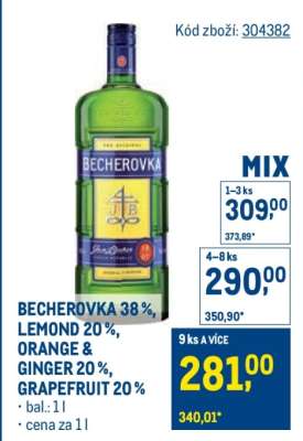 BECHEROVKA 38 %, LEMOND 20 %, ORANGE & GINGER 20 %, GRAPEFRUIT 20 %