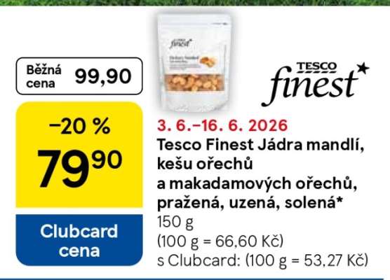 Tesco Finest Jádra mandlí, kešu ořechů a makadamových ořechů pražená uzená solená