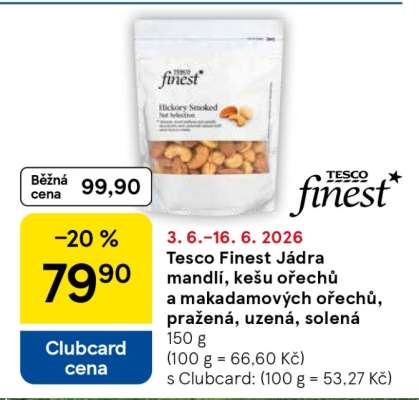 Tesco Finest Jádra mandlí, kešu ořechů a makadamových ořechů pražená uzená solená