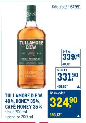 TULLAMORE D.E.W. 40%, HONEY 35%, CAFÉ HONEY 35%