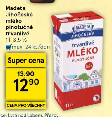 Madeta Jihočeské mléko plnotučné trvanlivé